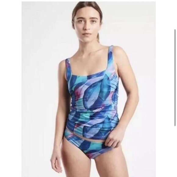 Athleta Square Neck Bra Cup Underwire Malibu Palm Print Tankini TOP 32D/… - Picture 1 of 14